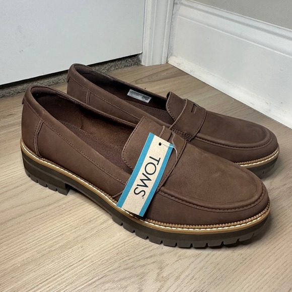 Toms Shoes - TOMS Cara Loafers Oak Brown Leather Lug Sole Penny Shoes 10021357 Womens 11